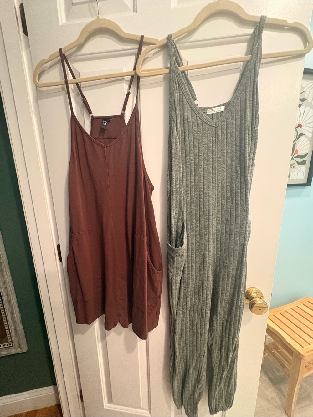 Brown Spaghetti Strap Romper & Sage Ribbed Jumpsuit Duo. Great for maternity